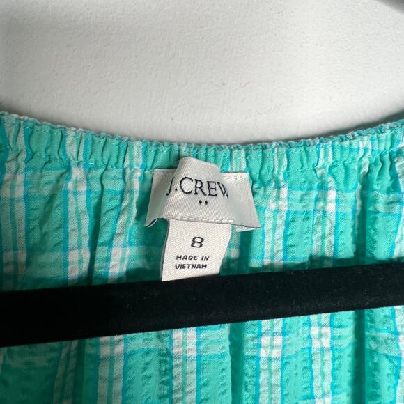 J. Crew Teal Seersucker Plaid Ruffle Mini Dress Size 8 - Picture 3 of 8